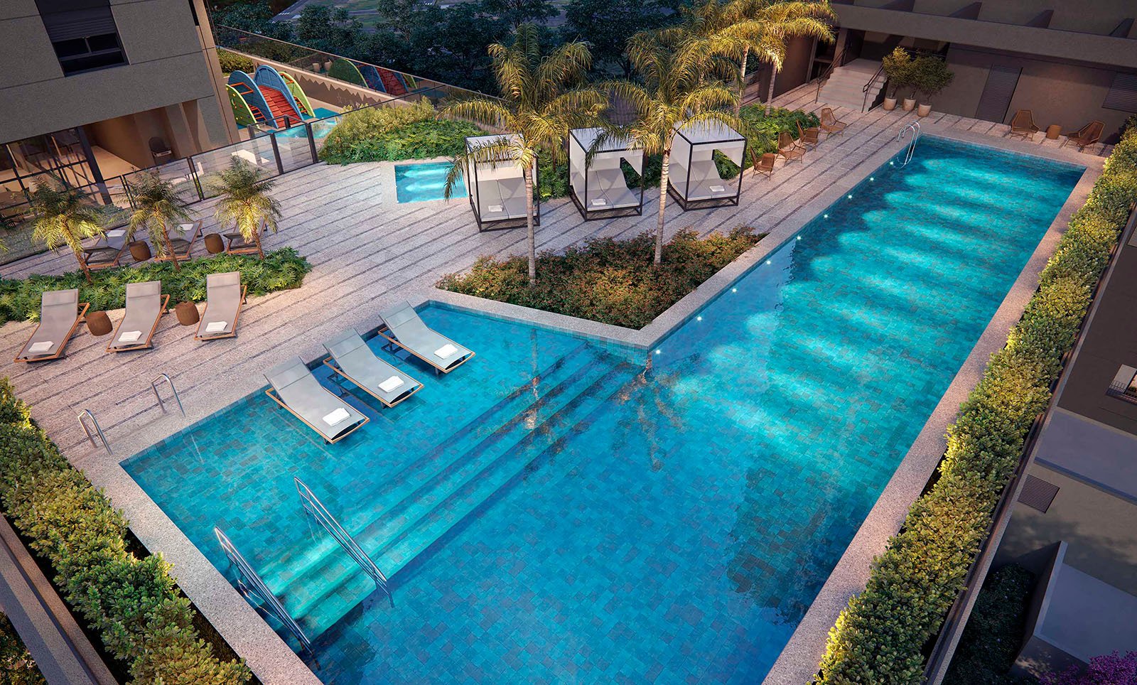 Piscina e lazer elevado do empreendimento Ampère Brooklin, em Brooklin