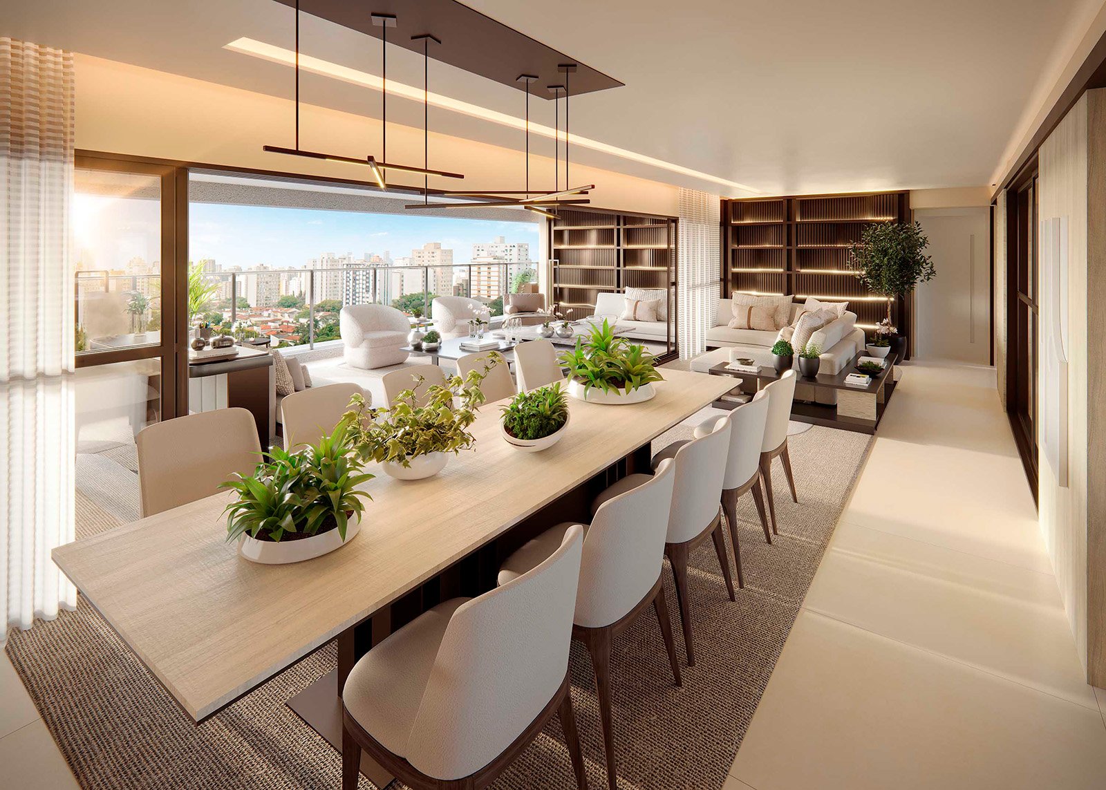 Living amplo e integrado do empreendimento Ampère Brooklin, em Brooklin