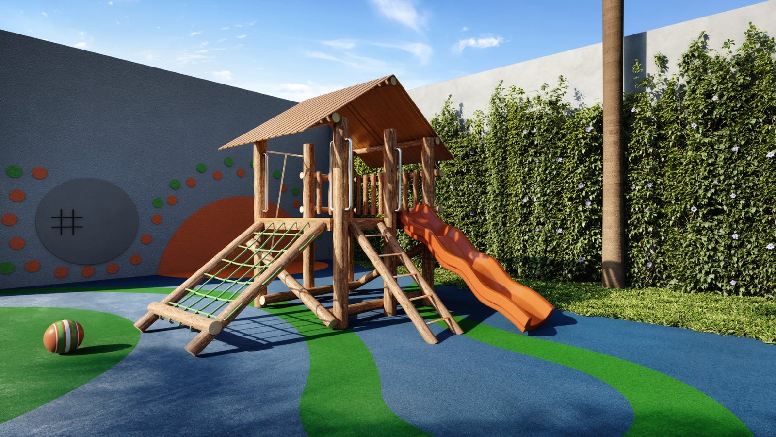 Playground integrado ao paisagismo do empreendimento The Only Moema, em Moema
